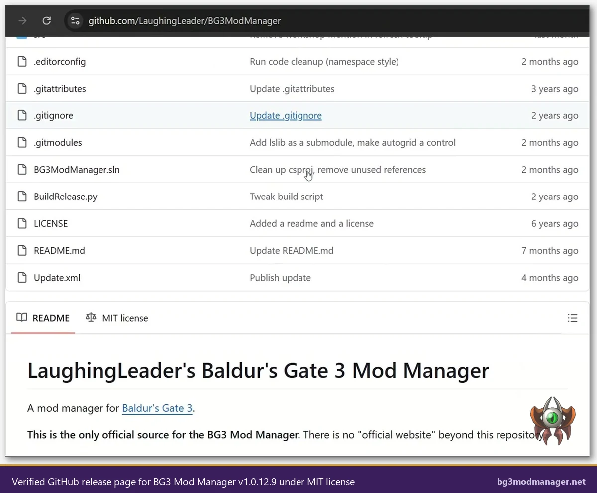 Verified BG3 Mod Manager GitHub release page showing MIT open-source license and source files