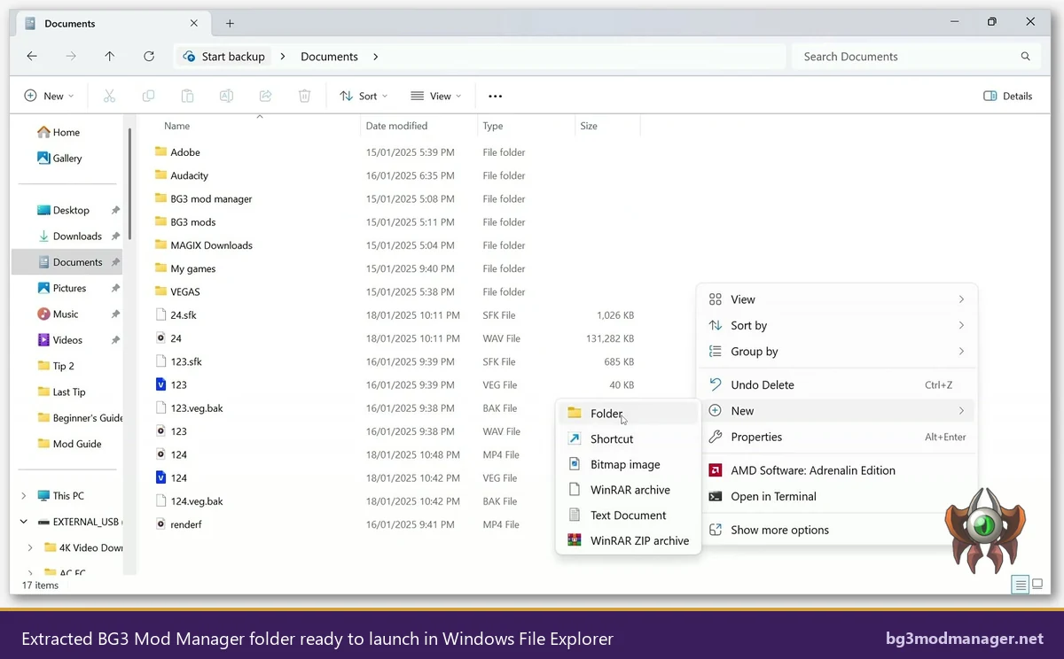 Extracted BG3 Mod Manager folder shown in Windows File Explorer next to the BG3 mods folder