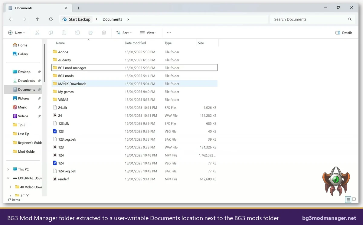 BG3 Mod Manager folder extracted in Documents alongside BG3 mods folder in Windows File Explorer