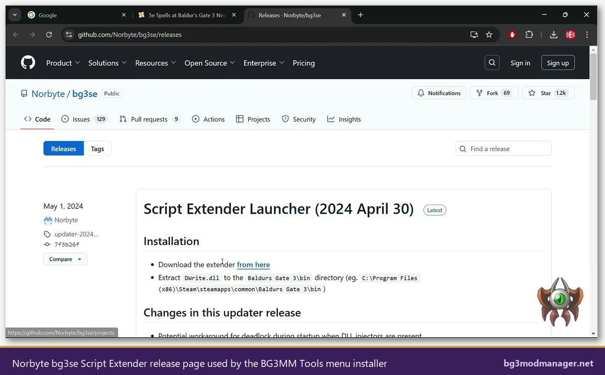 Norbyte bg3se GitHub Script Extender releases page used by BG3 Mod Manager Tools menu installer