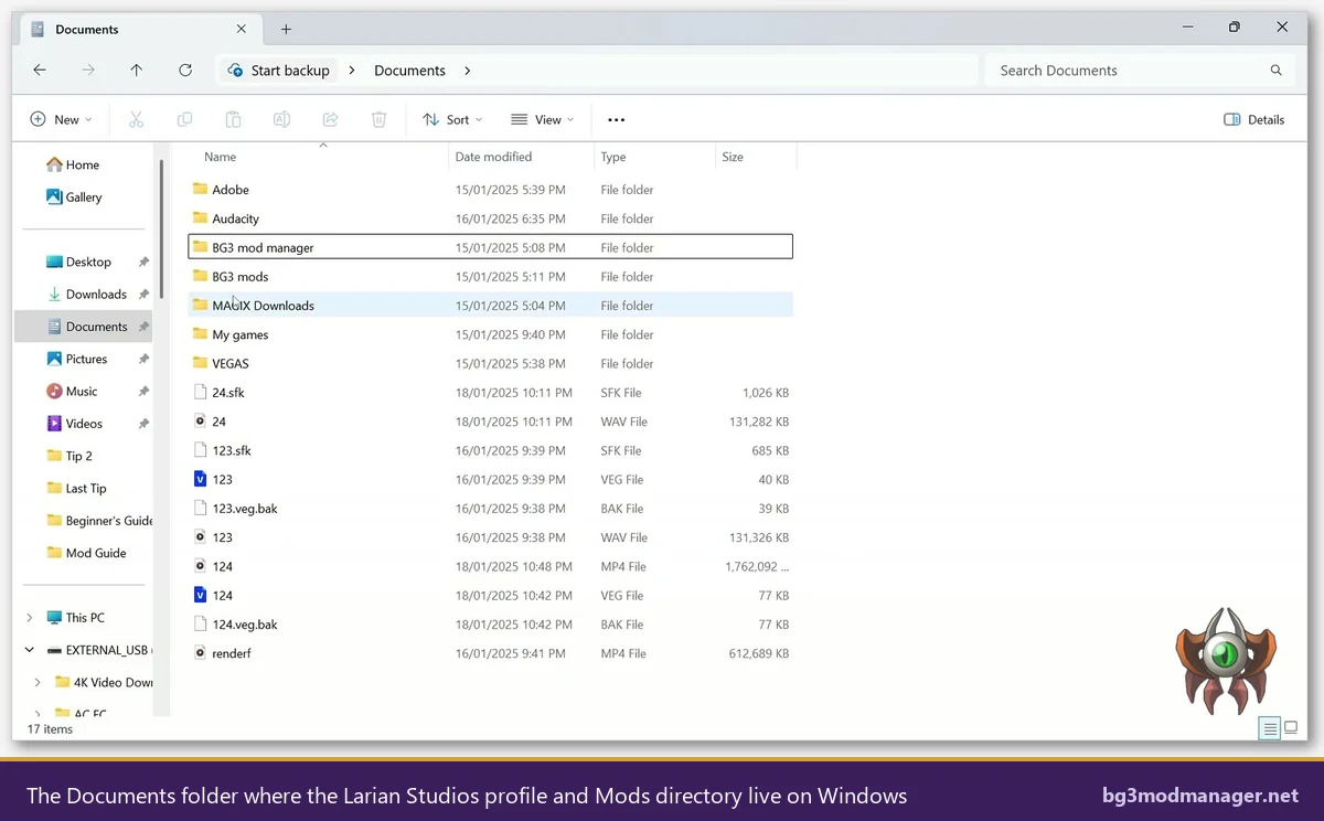 Windows Documents folder showing Larian Studios profile and Mods directory used by BG3 Mod Manager