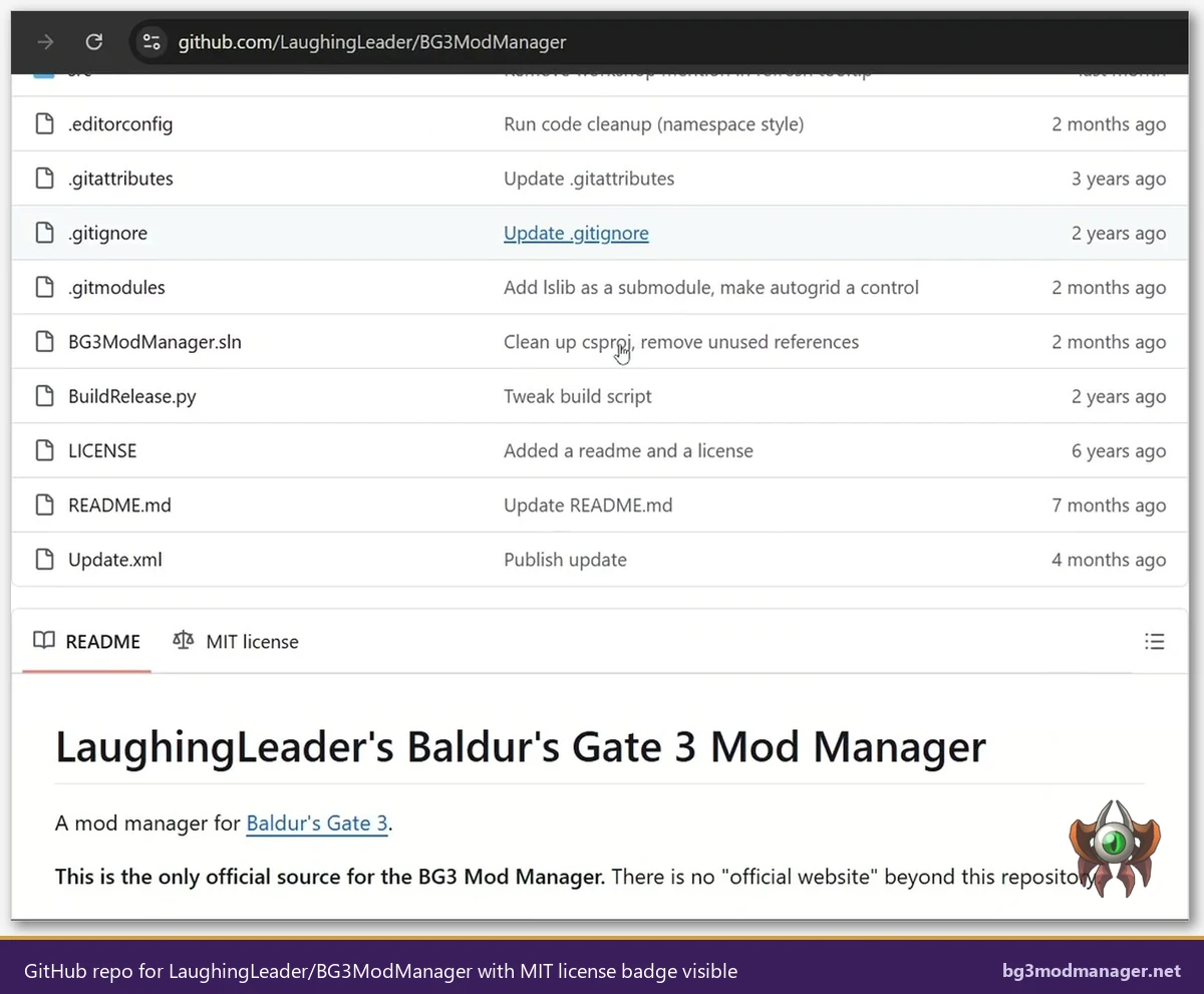 GitHub repository page for LaughingLeader BG3ModManager showing MIT license badge and source files