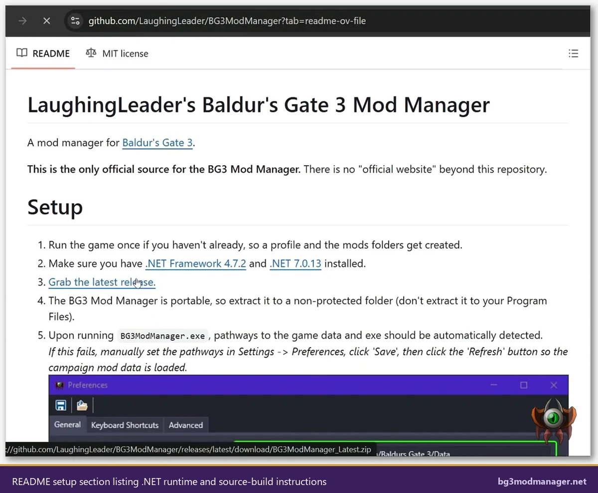 BG3 Mod Manager README setup section listing .NET 8 runtime requirement and source build instructions
