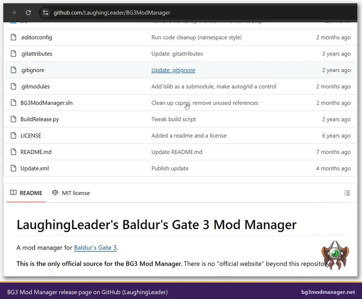 BG3 Mod Manager release page on GitHub showing version 1.0.12.9 download