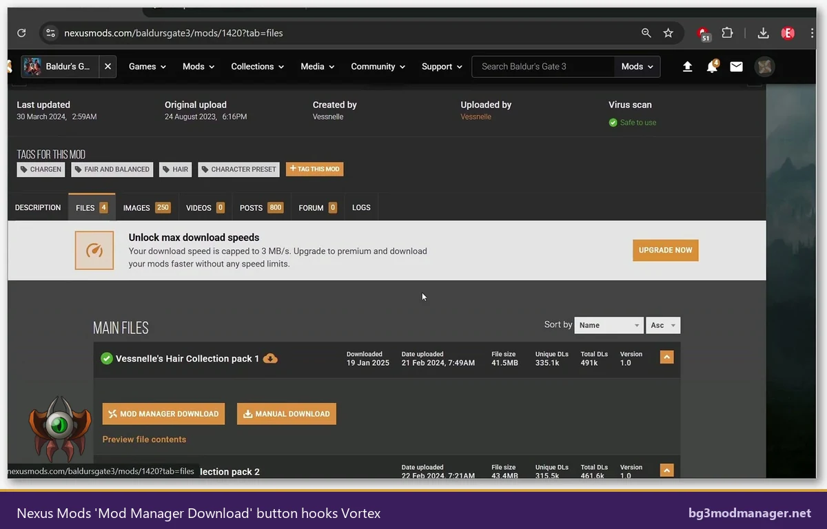 Nexus Mods page showing the Mod Manager Download button which hooks into Vortex
