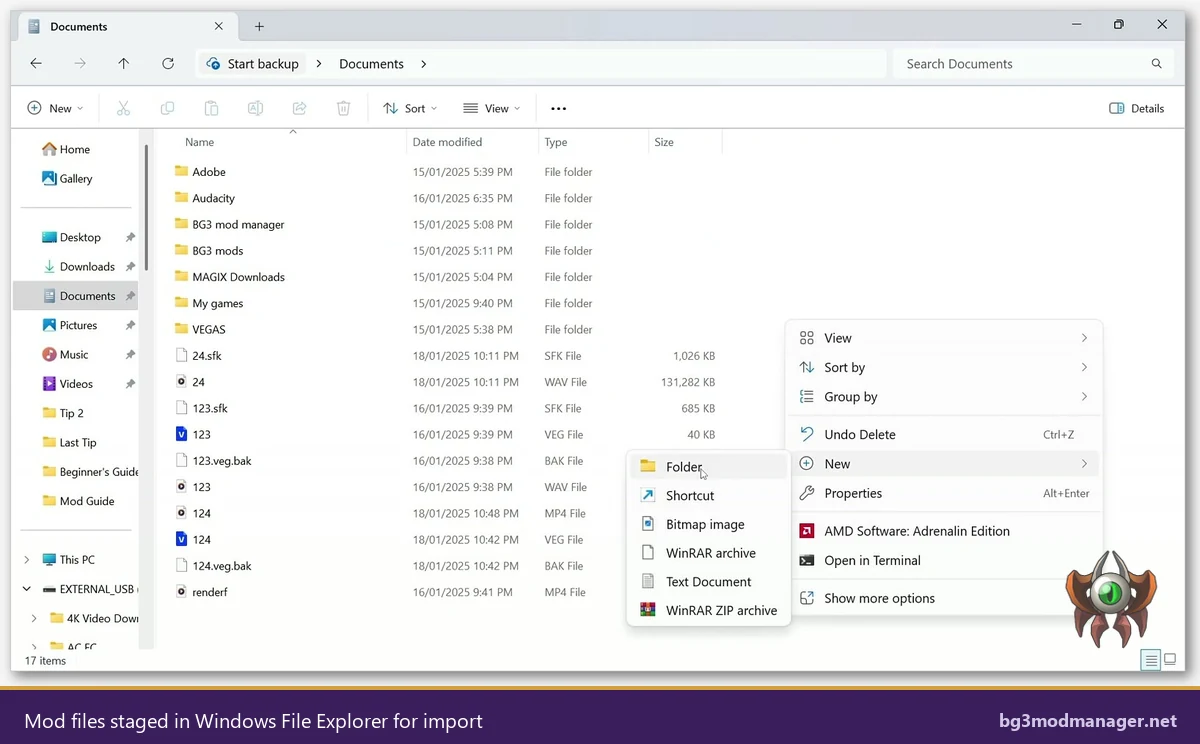 Mod files staged in Windows File Explorer ready for import into a mod manager