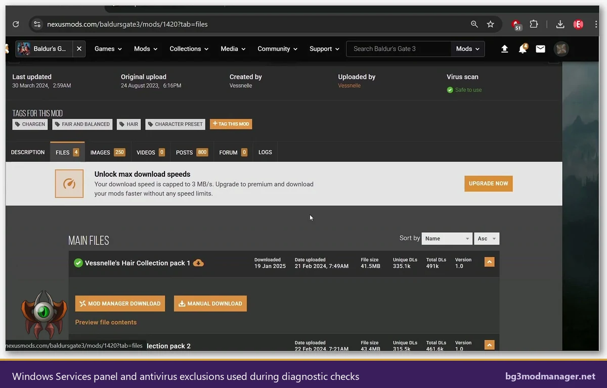 Windows Services panel and Defender exclusion view used during BG3 Mod Manager diagnostic checks
