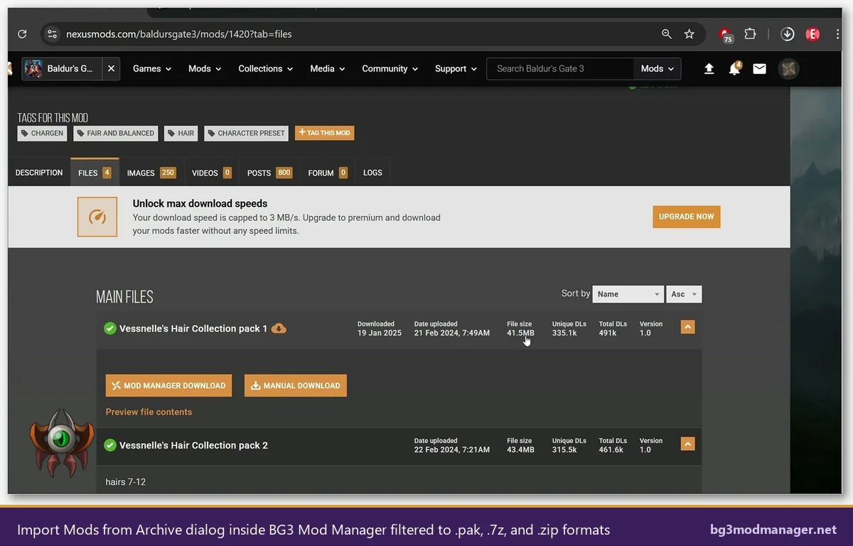 Import Mods from Archive dialog inside BG3 Mod Manager filtered to .pak, .7z, and .zip formats