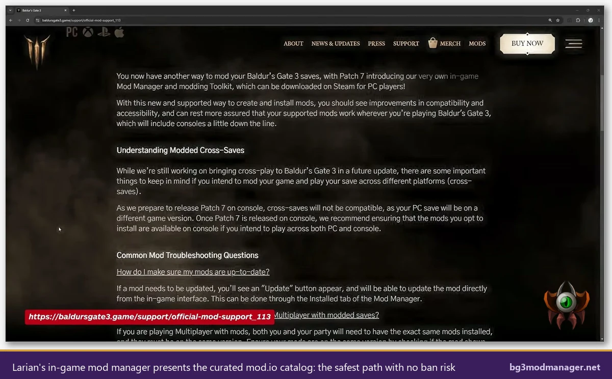 Larian's in-game mod manager showing the curated mod.io catalog of officially supported Baldur's Gate 3 mods