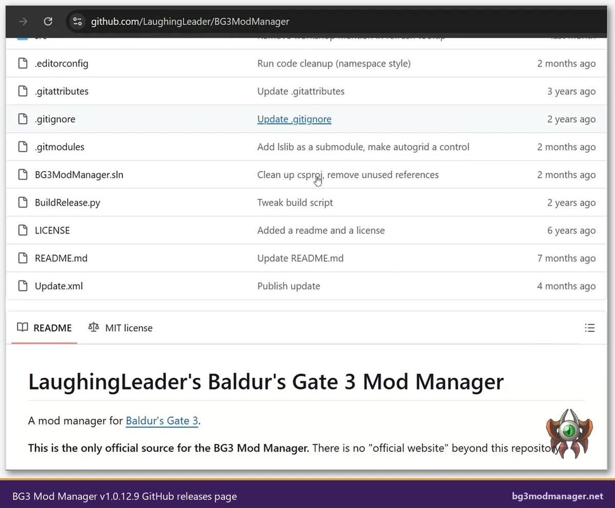 BG3 Mod Manager v1.0.12.9 release listing on GitHub showing the signed Latest.zip artifact