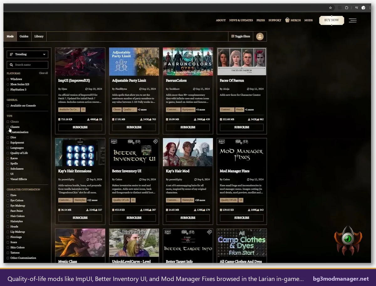 Quality of life mods including ImpUI and Better Inventory UI in the Larian browser