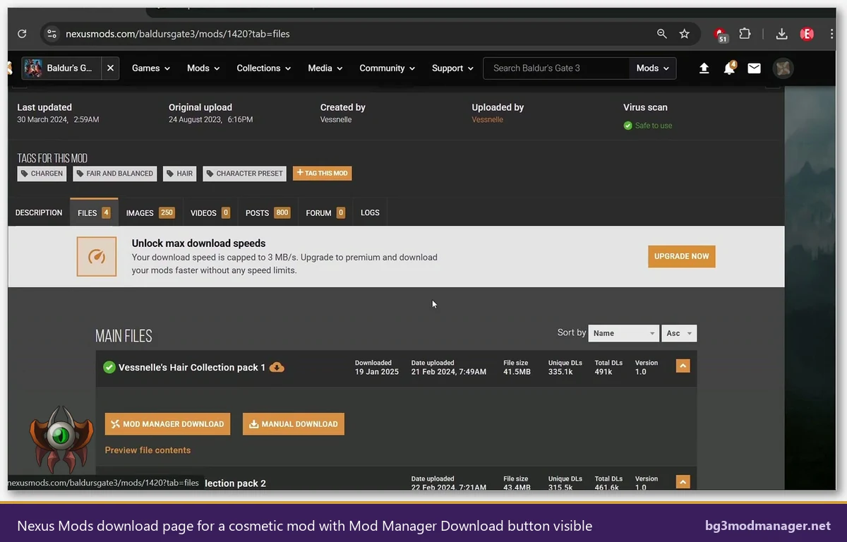 Nexus Mods download page showing Mod Manager Download button for a cosmetic mod