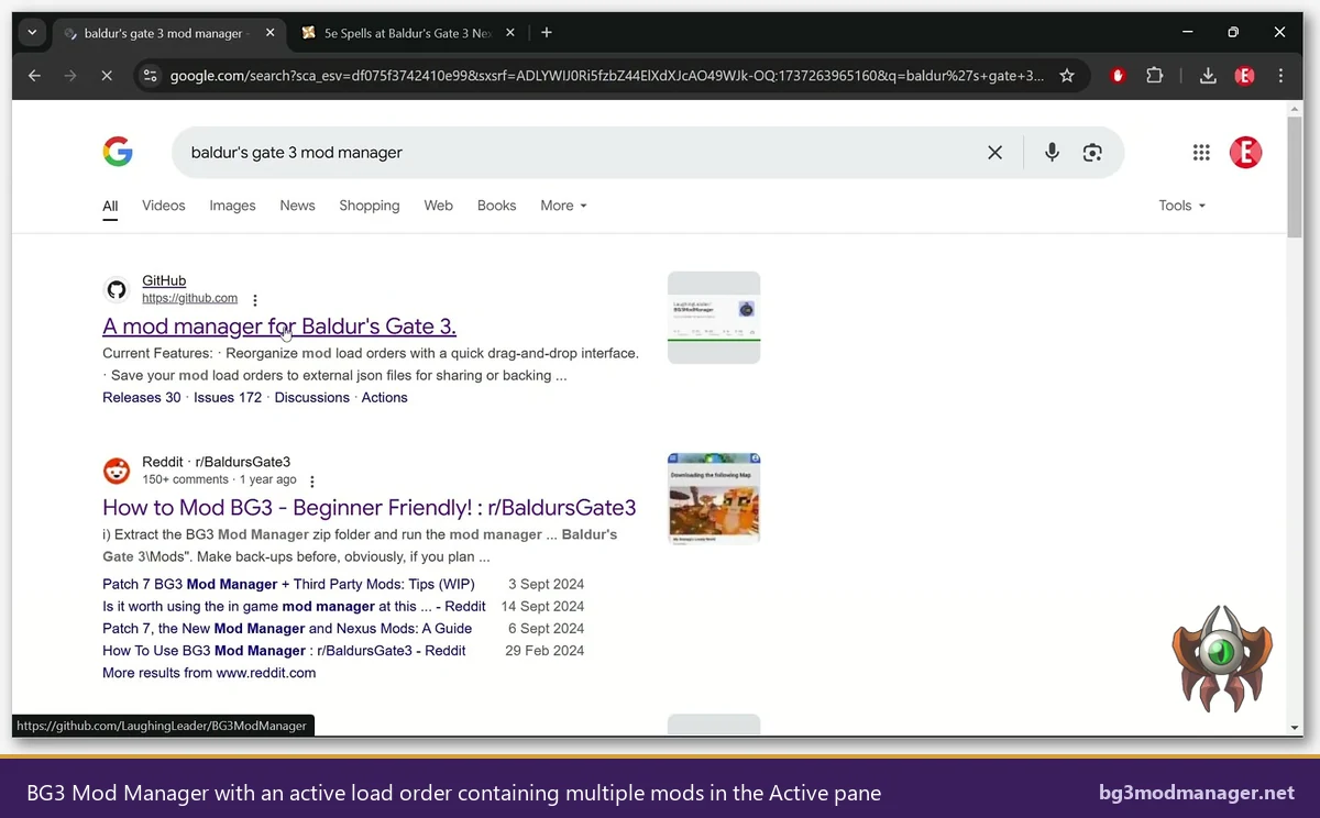 BG3 Mod Manager interface showing an active load order with multiple mods listed in the Active pane, prepared for selective disabling