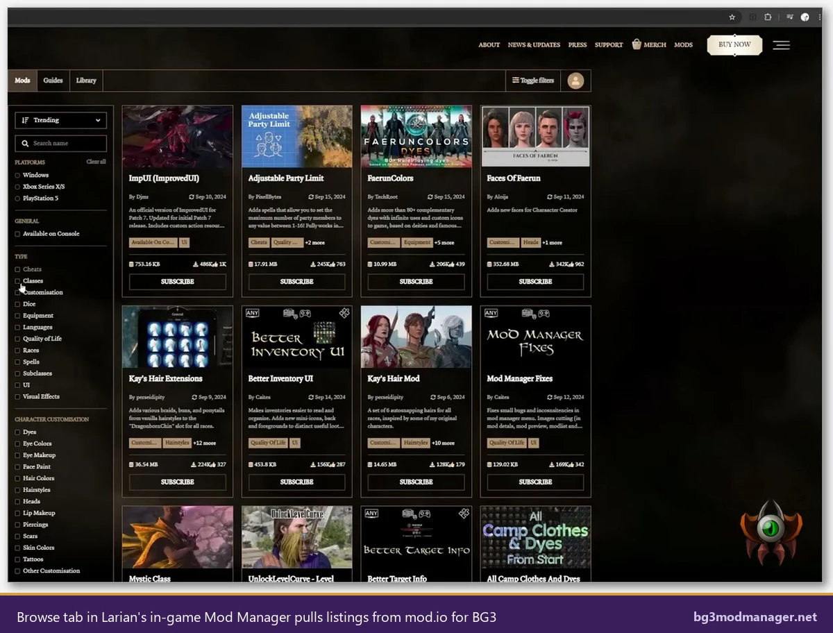 Browse tab in Larian's in-game Mod Manager pulling listings from mod.io for Baldur's Gate 3