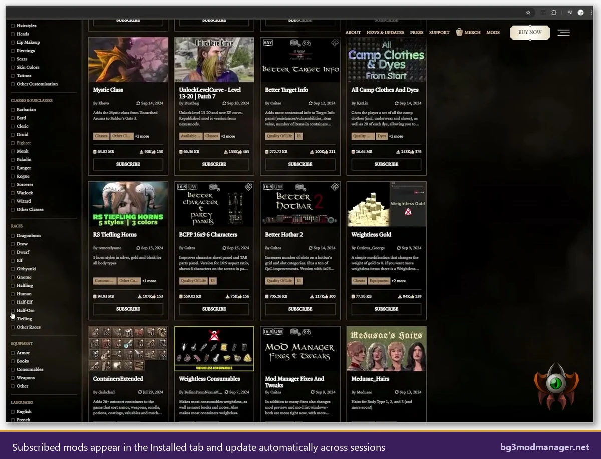 Subscribed mods listed in the Installed tab of Larian's in-game Mod Manager with update badges
