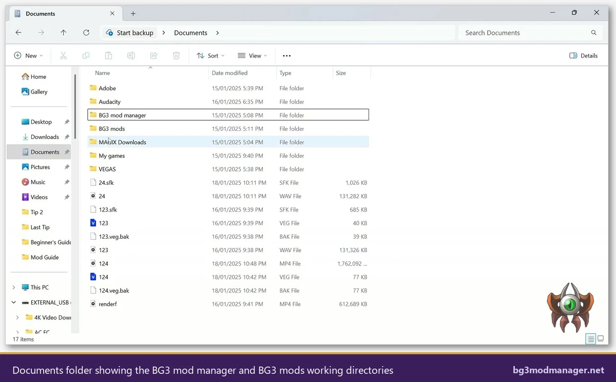 Documents folder showing BG3 mod manager and BG3 mods directories used during load order setup