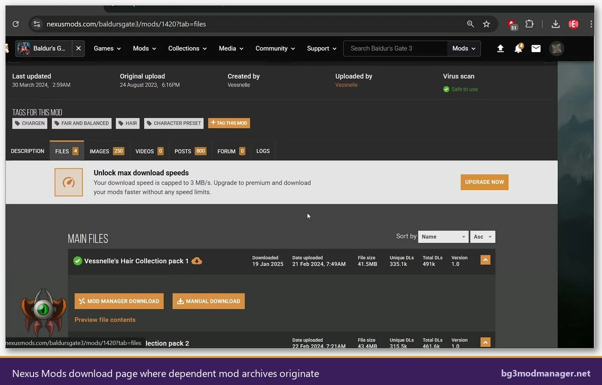 Nexus Mods download page where dependent .pak archives originate before BG3MM import