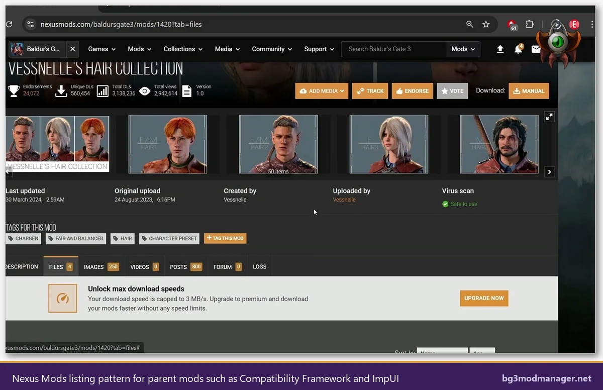 Nexus Mods Baldur Gate 3 mod files page showing the Main Files listing layout for parent dependency mods such as Compatibility Framework and ImpUI
