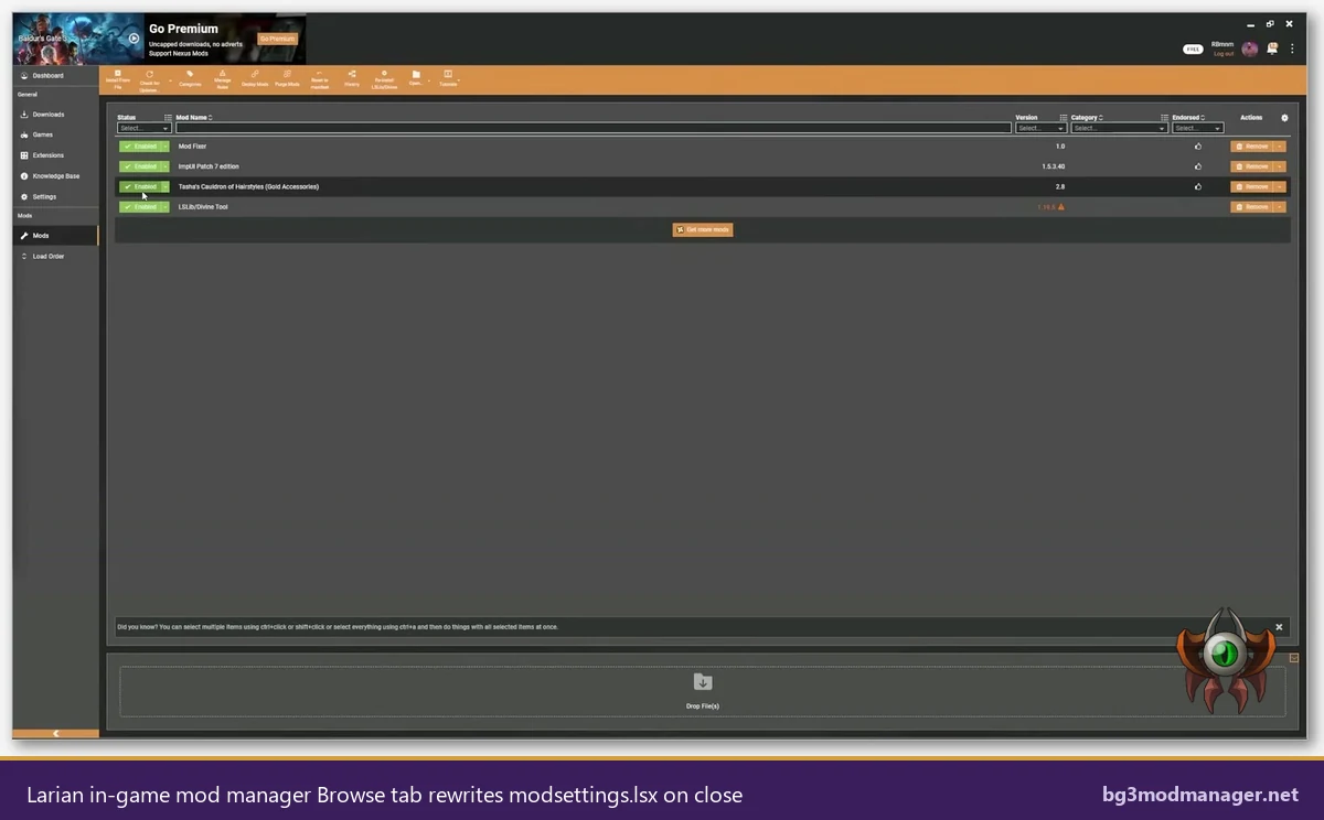 Larian Studios in-game mod manager Browse tab showing mod listings backed by mod.io after Patch 7