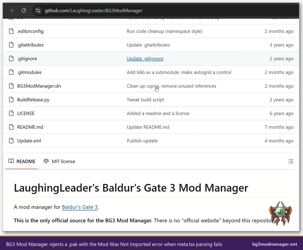 BG3 Mod Manager showing the Mod Was Not Imported dialog after a failed .pak drag-drop import