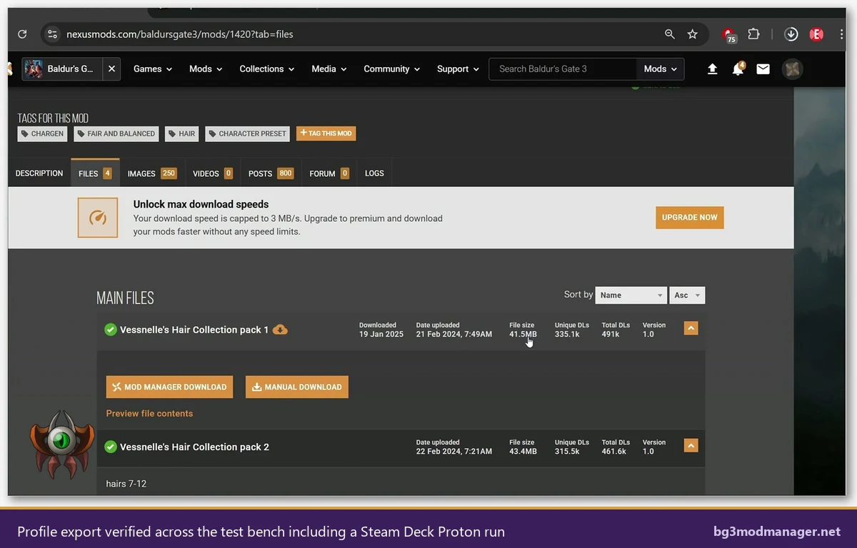 Profile export test verified across the BG3 Mod Manager bench including a Steam Deck Proton run