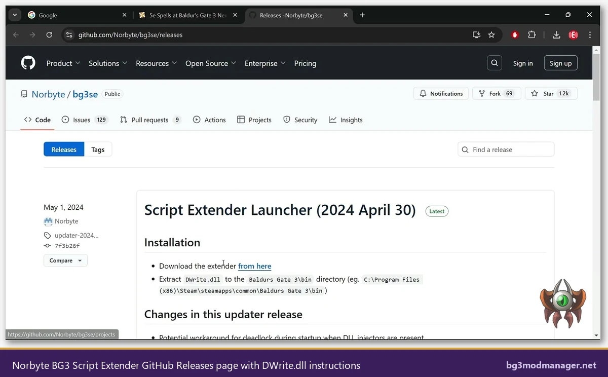 Norbyte bg3se GitHub Releases page showing DWrite.dll installation instructions