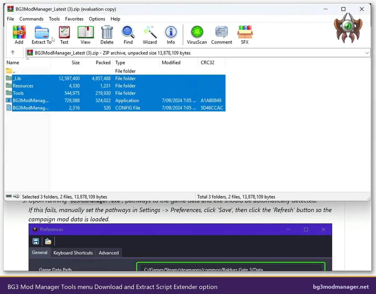BG3 Mod Manager Tools menu Download and Extract Script Extender option