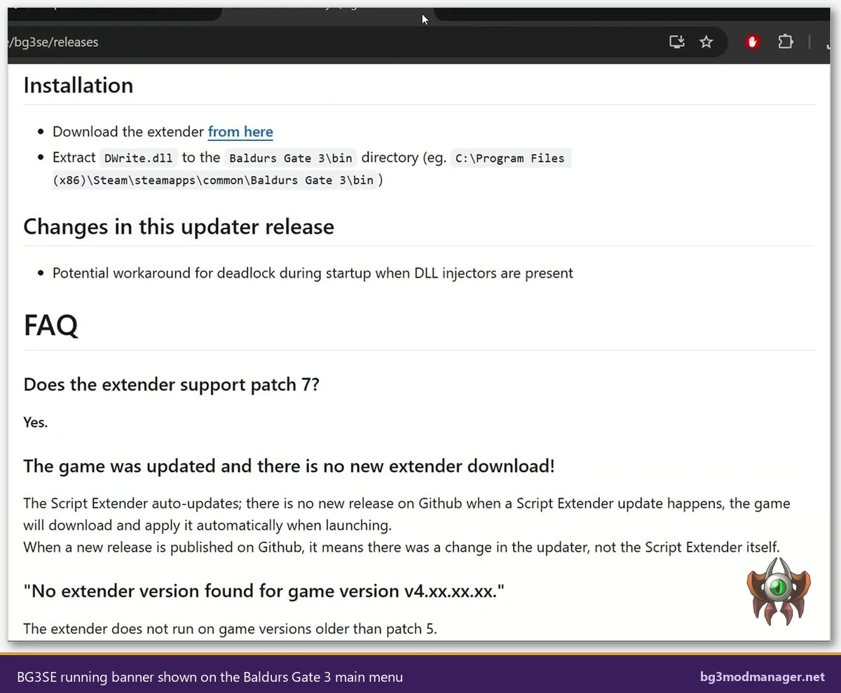 Norbyte bg3se GitHub Releases FAQ section explaining auto-update behavior