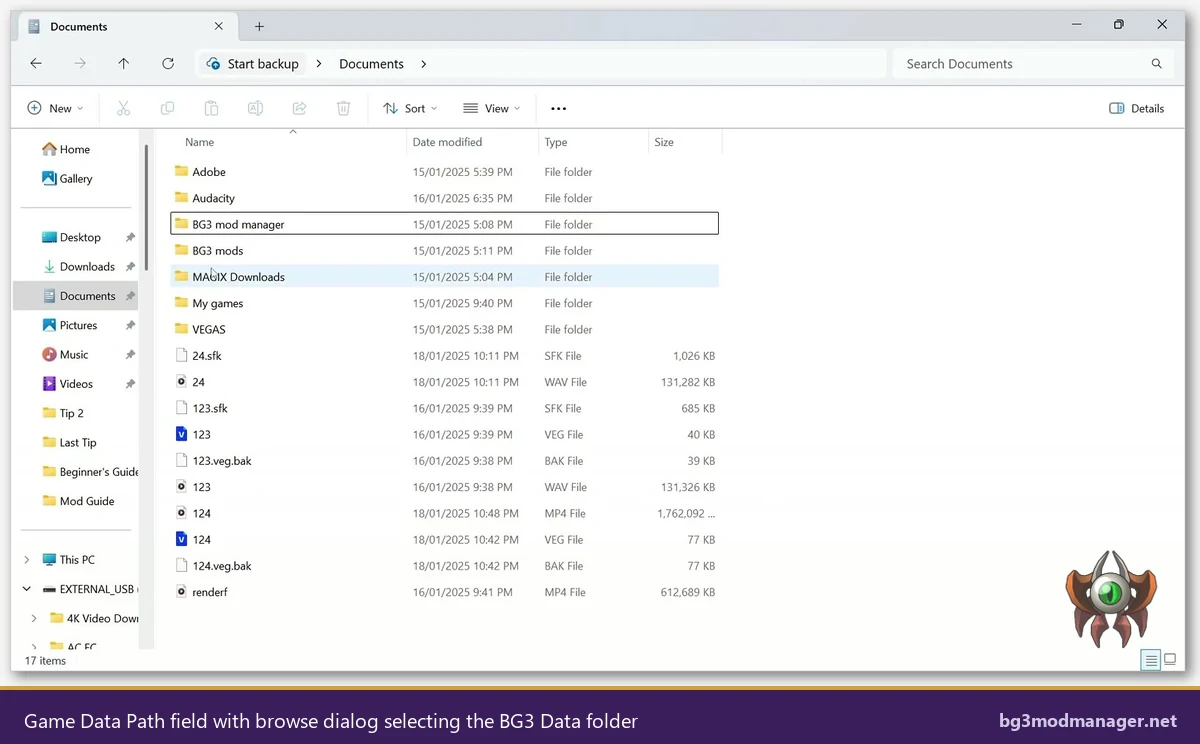 Game Data Path field with browse dialog open showing the Steam BG3 Data folder selected