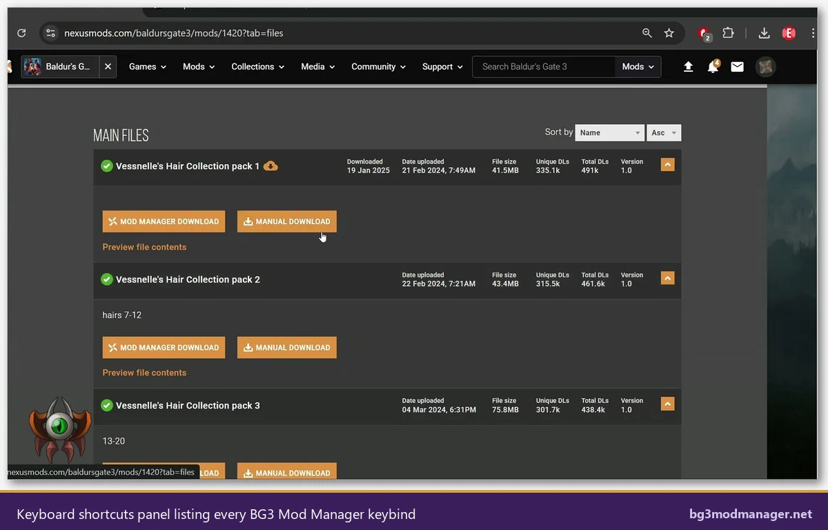 Keybindings tab in BG3 Mod Manager Preferences listing keyboard shortcuts for common actions