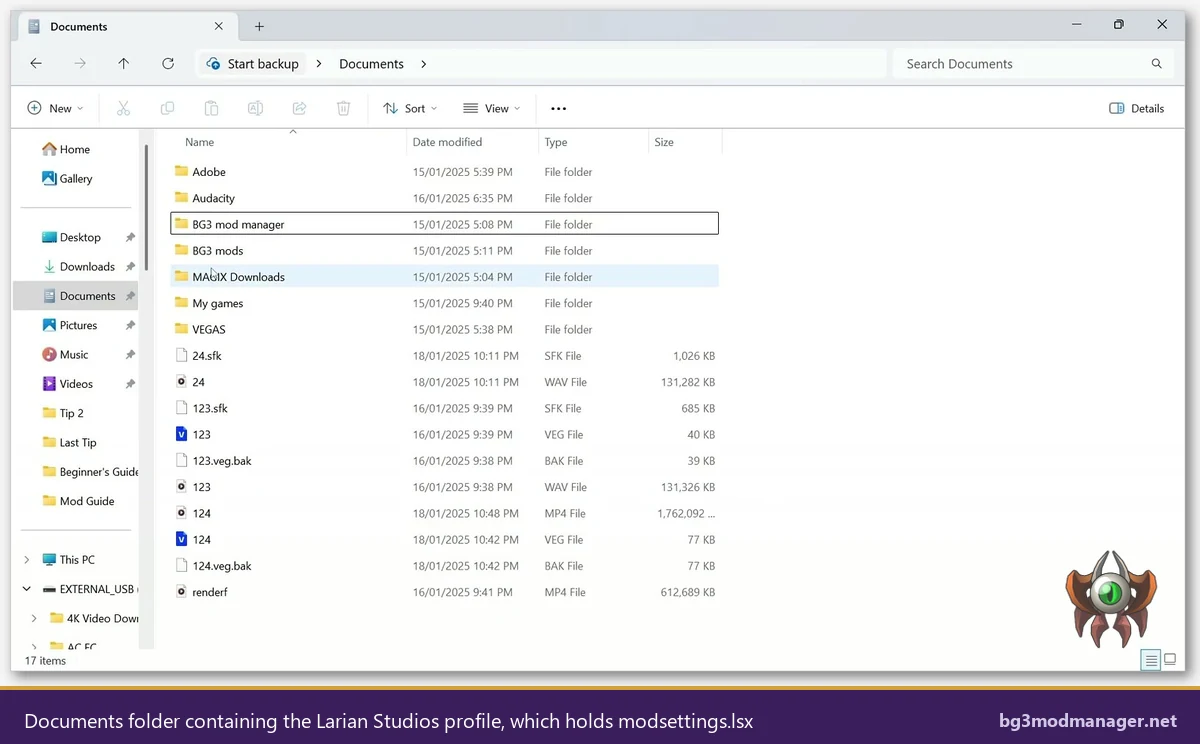 Windows Documents folder showing the Larian Studios profile directory that holds modsettings.lsx