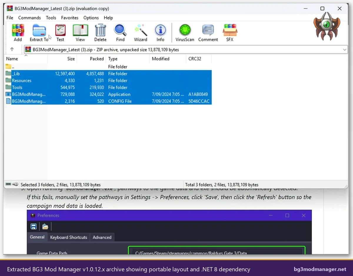 Extracted BG3 Mod Manager v1.0.12.x archive showing the portable layout and the .NET 8 dependency