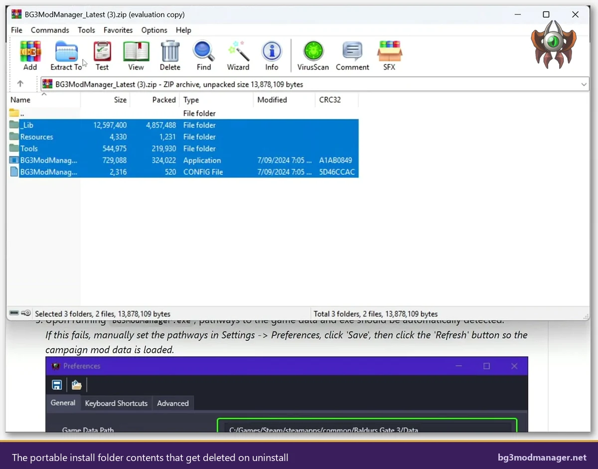 BG3 Mod Manager portable install folder contents showing BG3ModManager.exe, the _Lib, Resources, and Tools subfolders that get deleted during a clean uninstall