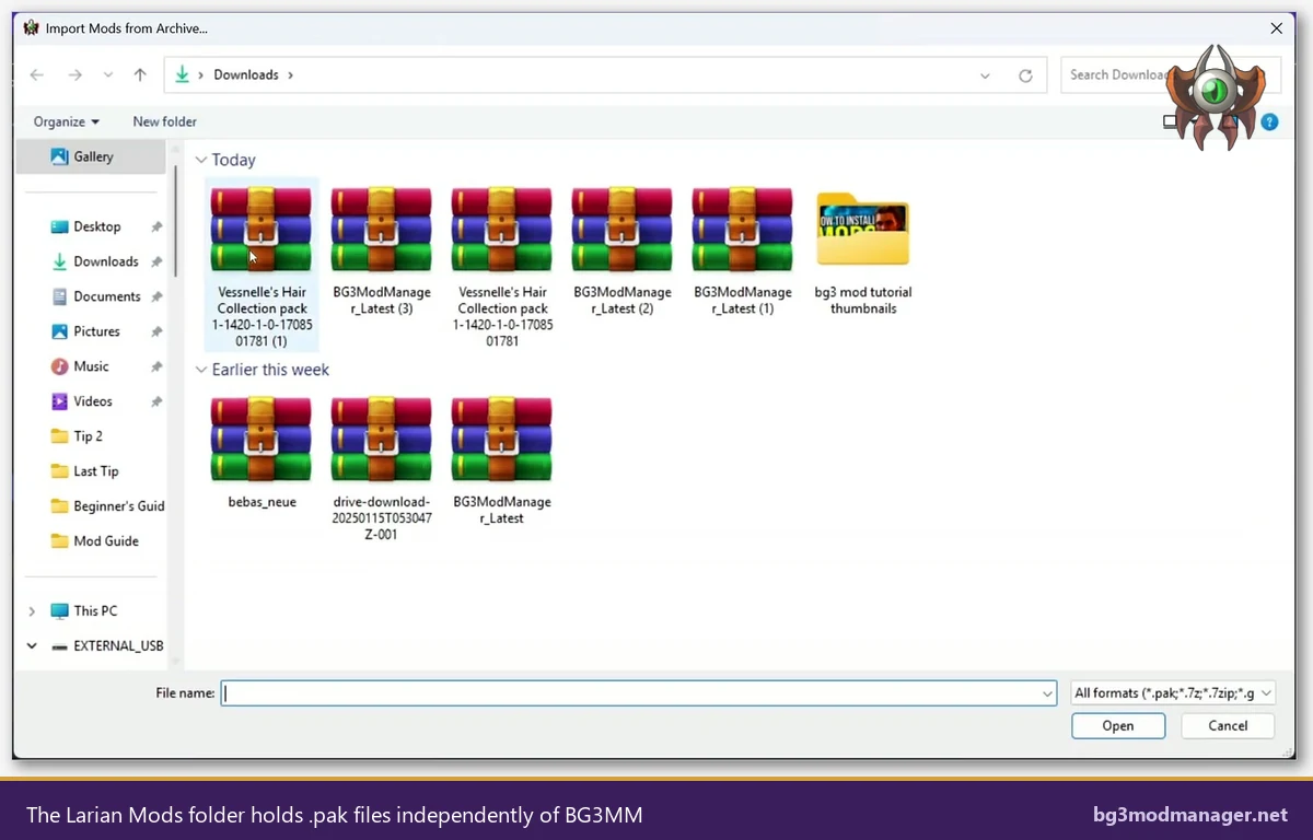 Windows file picker showing BG3ModManager_Latest archives and a separate folder of mod assets, illustrating that the Larian Mods folder containing .pak files is independent of BG3 Mod Manager