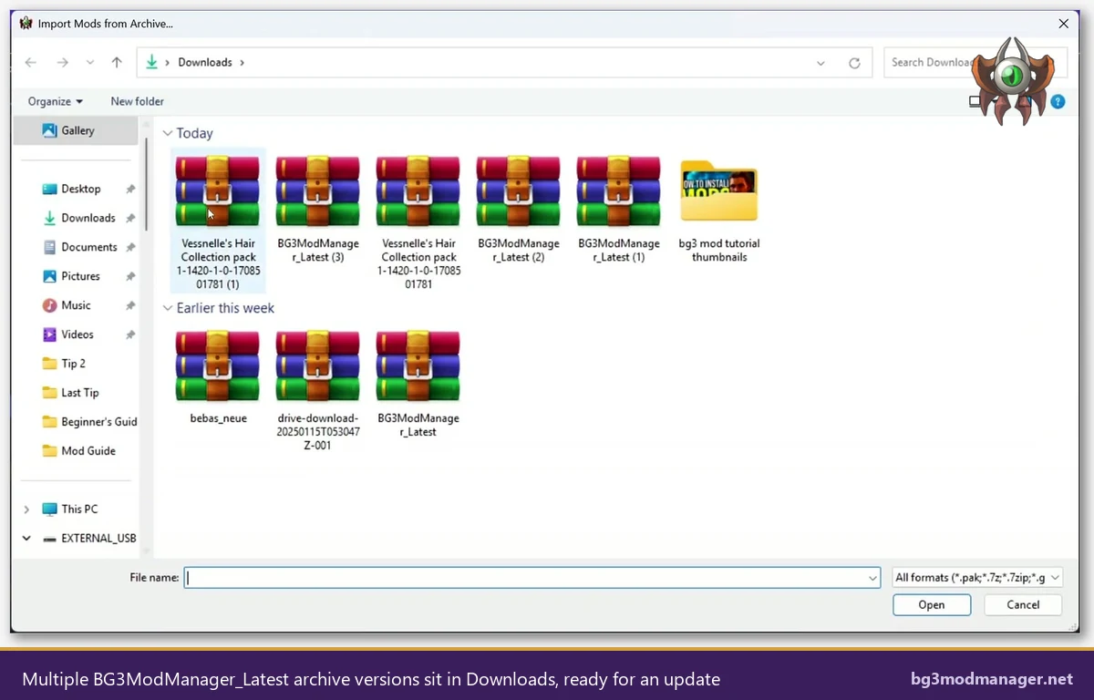 Multiple BG3ModManager_Latest archive versions stored in the Windows Downloads folder, illustrating release tracking before a BG3 Mod Manager update