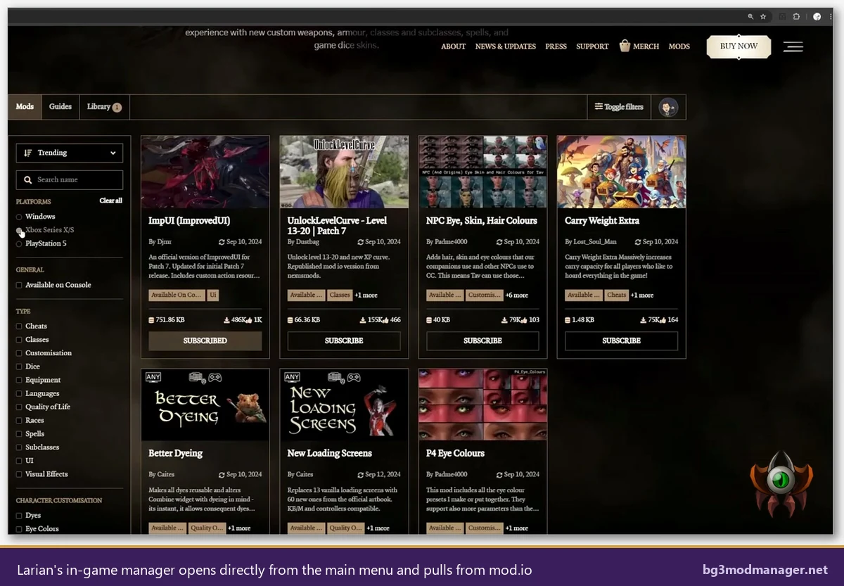 Larian in-game mod manager browsing mods from mod.io